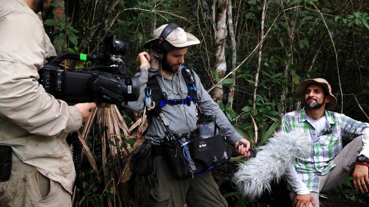 Camera and sound crew filming in the jungle